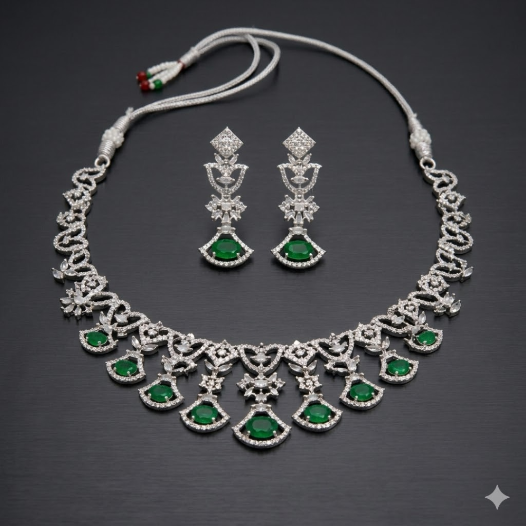 Emerald Green Silver Necklace Set