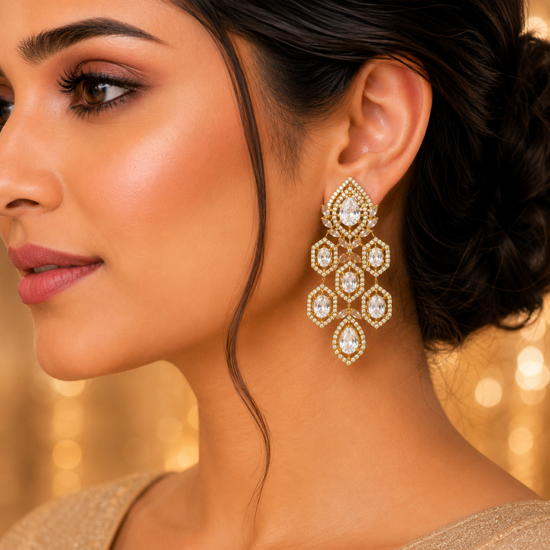 Golden Crystal Geometric Drop Earrings