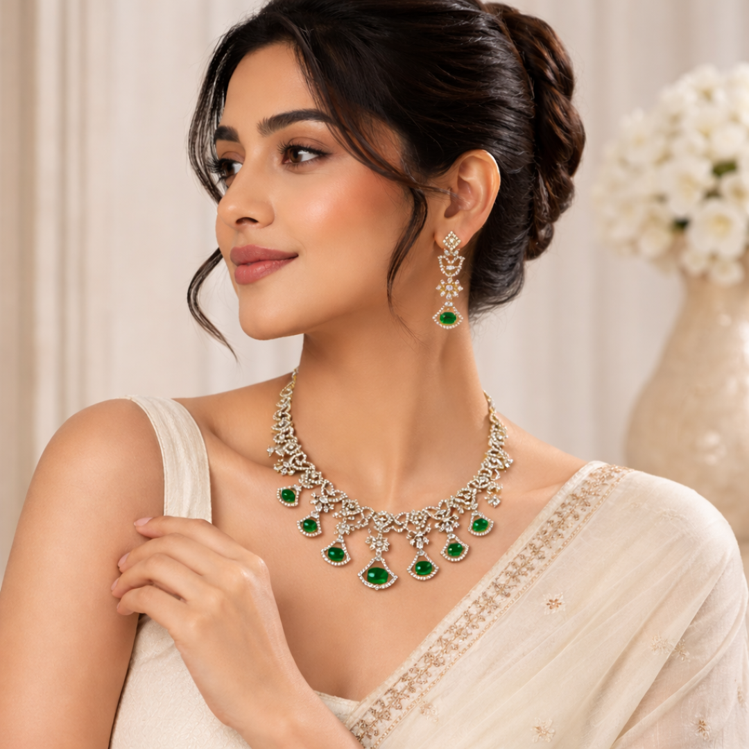 Emerald Green Silver Necklace Set