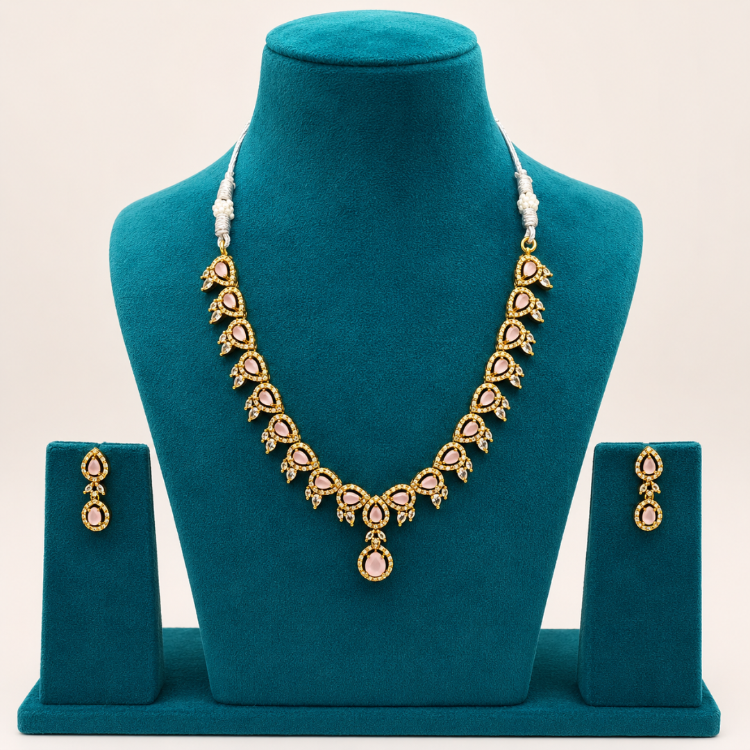 Pink Teardrop Gold Necklace Set