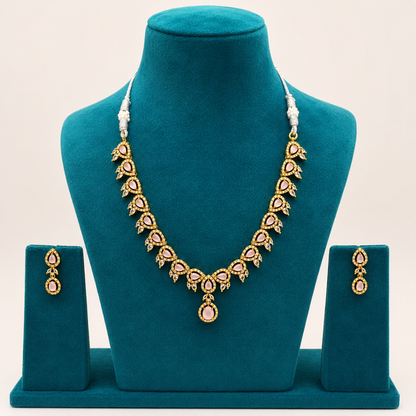 Pink Teardrop Gold Necklace Set