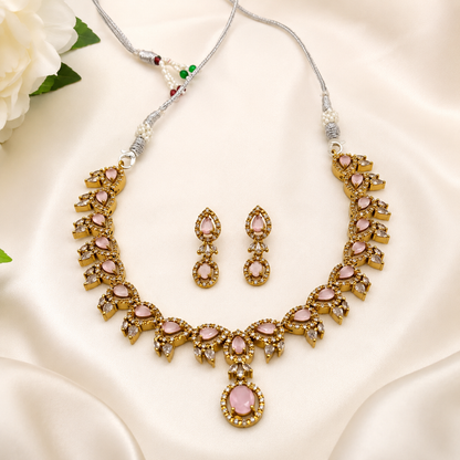 Pink Teardrop Gold Necklace Set