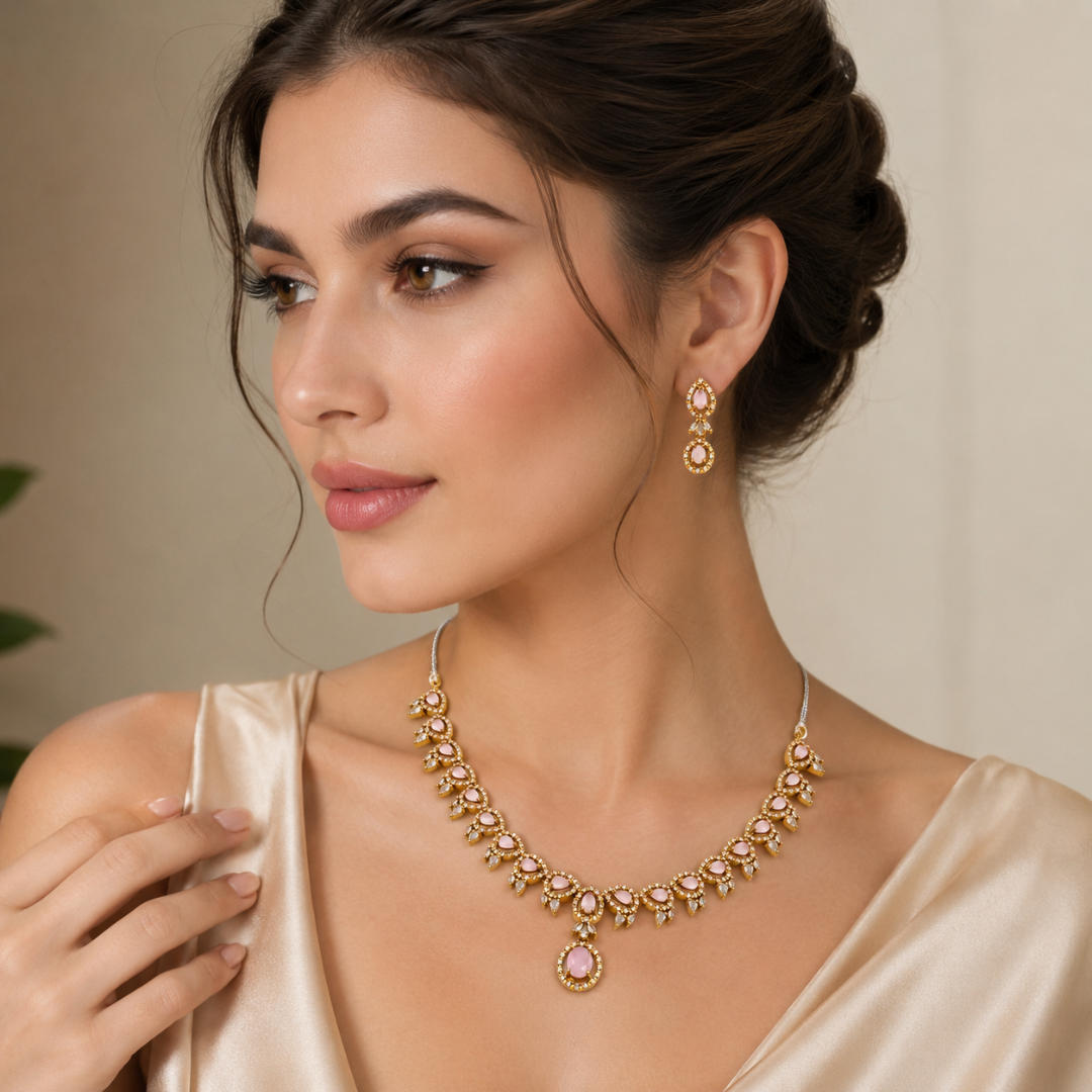 Pink Teardrop Gold Necklace Set