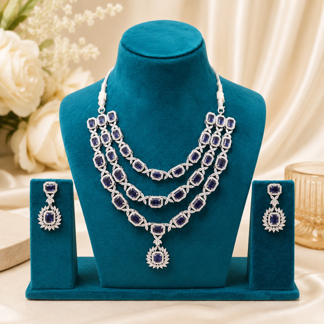 Royal Blue Layered Silver Necklace Set