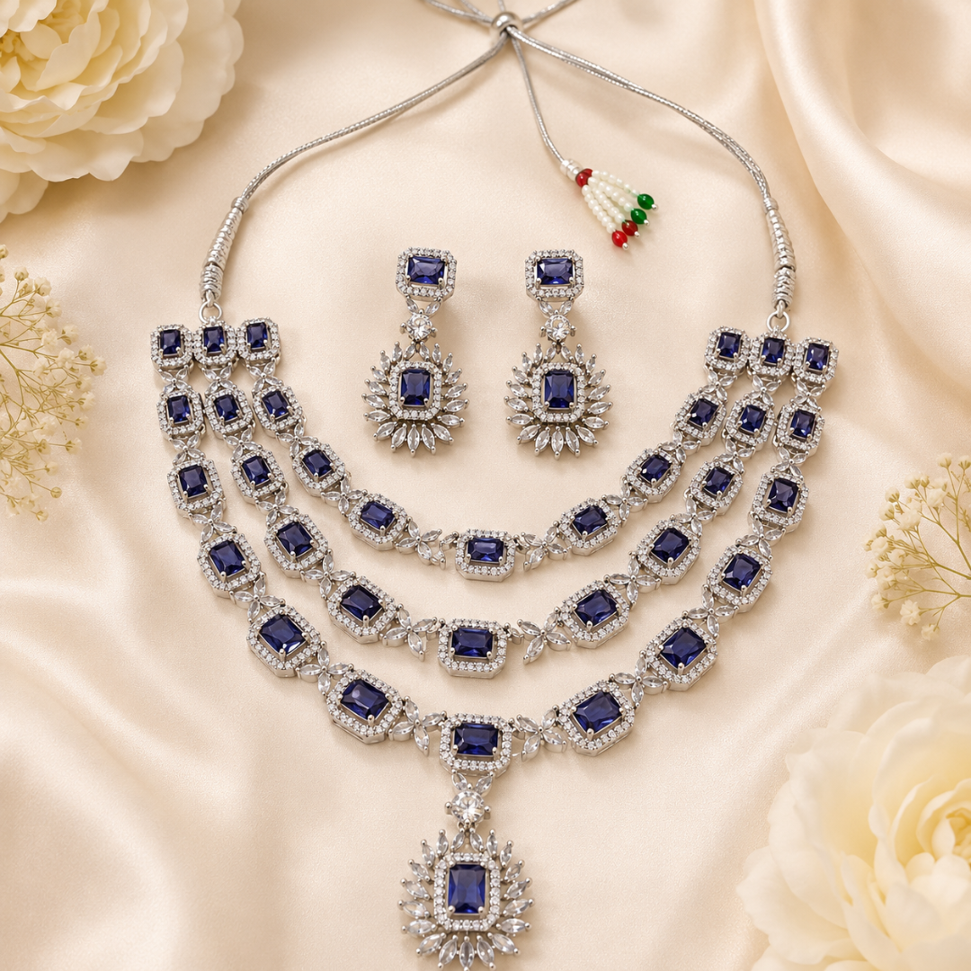 Royal Blue Layered Silver Necklace Set