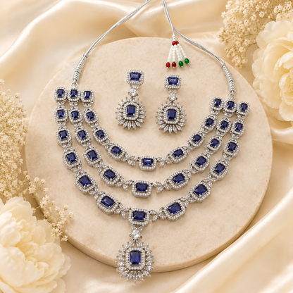 Royal Blue Layered Silver Necklace Set