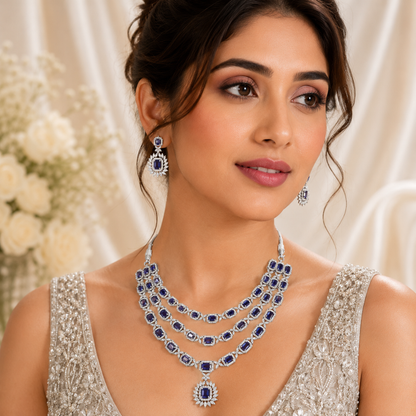 Royal Blue Layered Silver Necklace Set
