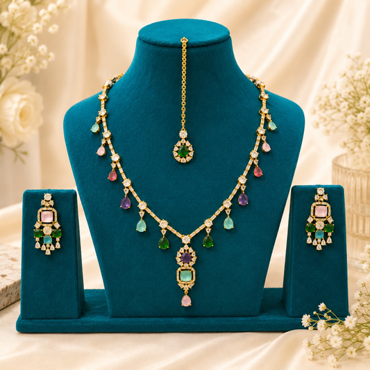 Multicolor Stone Gold Necklace Set
