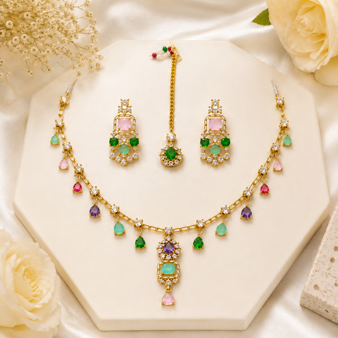 Multicolor Stone Gold Necklace Set
