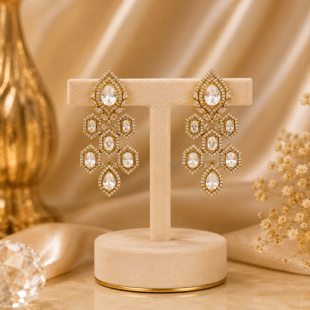 Golden Crystal Geometric Drop Earrings