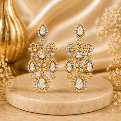 Golden Crystal Floral Drop Earrings