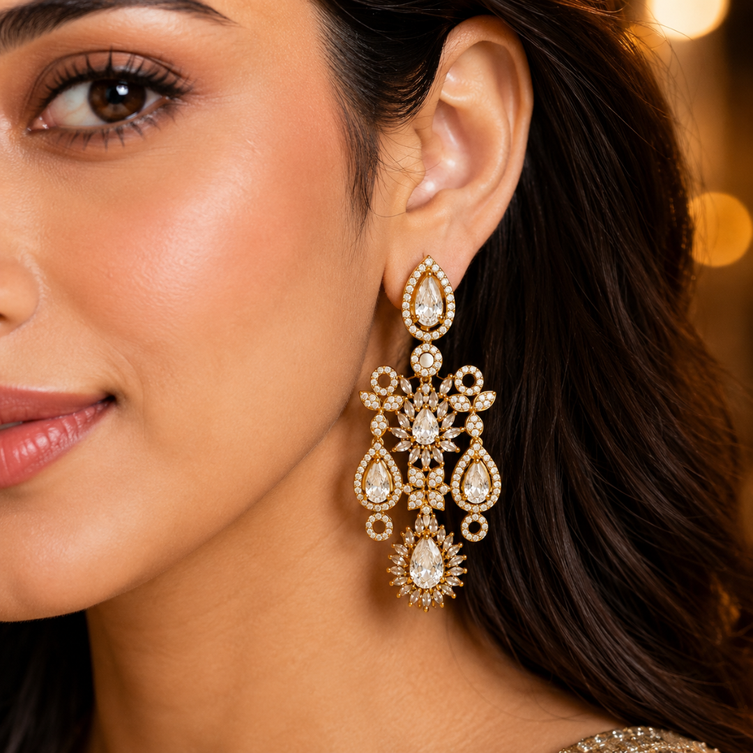 Golden Crystal Floral Drop Earrings