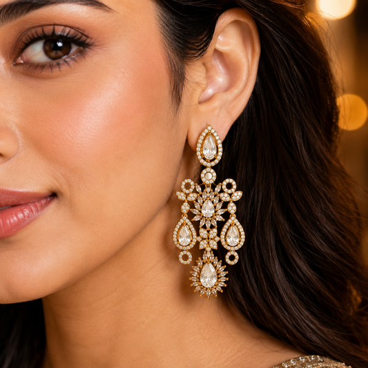 Golden Crystal Floral Drop Earrings