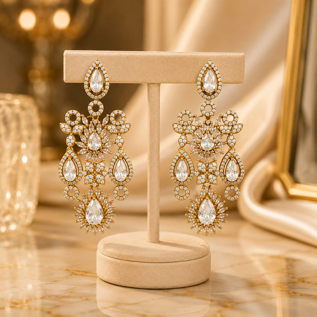 Golden Crystal Floral Drop Earrings