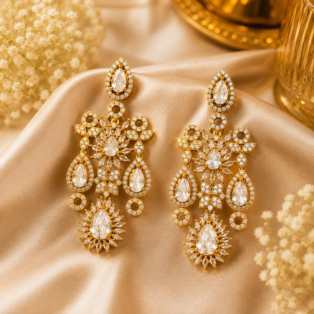 Golden Crystal Floral Drop Earrings